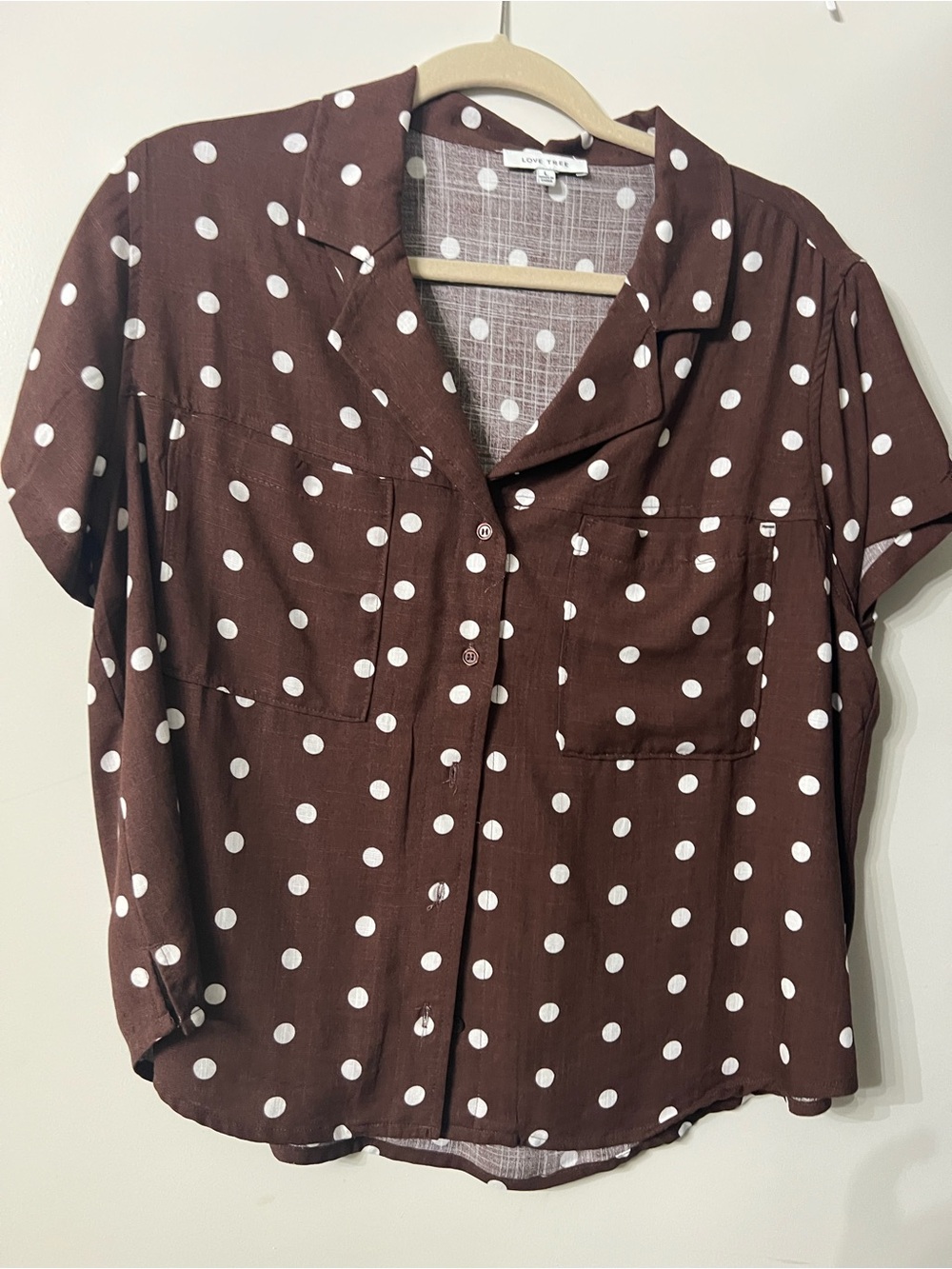 LOVE TREE Brown and White Polka Dot Button-Down Short Sleeve Shirt